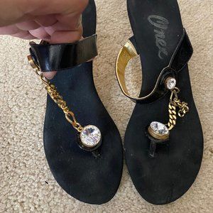 Black Sandal With Gold Chain Strap & Rhinestone